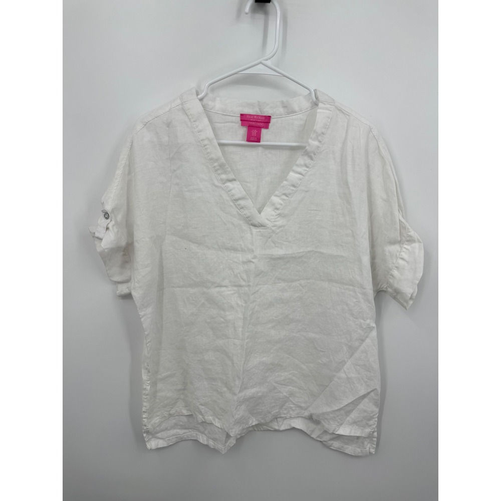 Isaac Mizrahi V-Neck Linen Blouse Women Size Medium White Roll Tab Sleeve Top